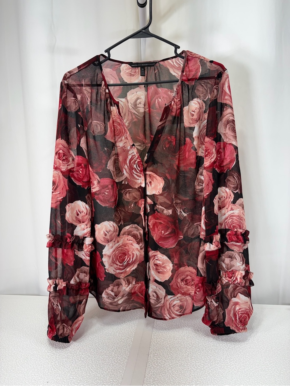 White House Black Market Floral Sheer V-Neck Blouse - Black & Red 4330